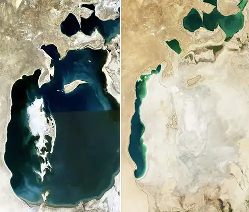 アラル海の縮小(左:1989年、右:2014年)