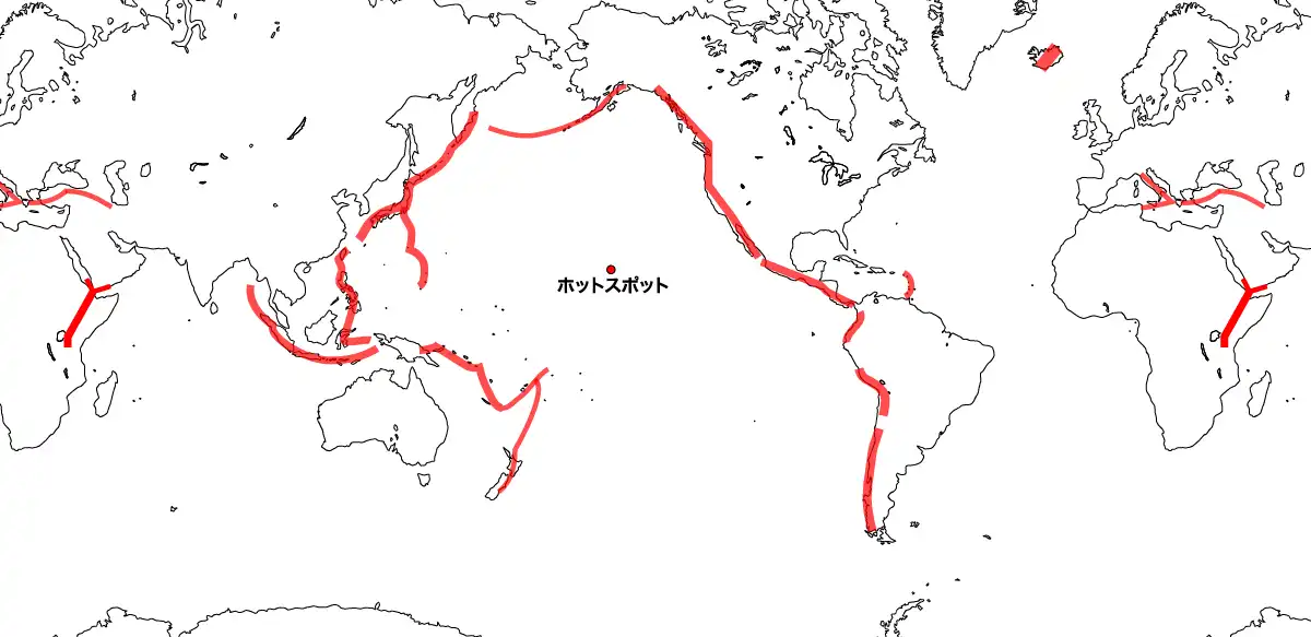 主な火山とホットスポットの分布
