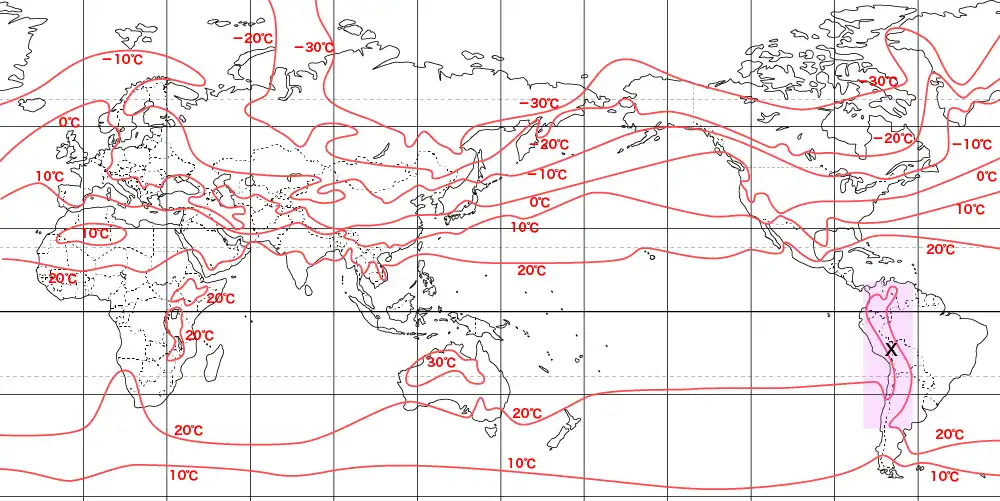 １月の等温線（一部色塗り）