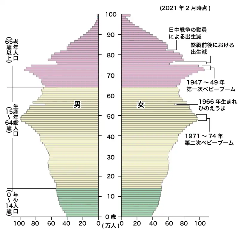 日本の人口ピラミッド(2021年)
